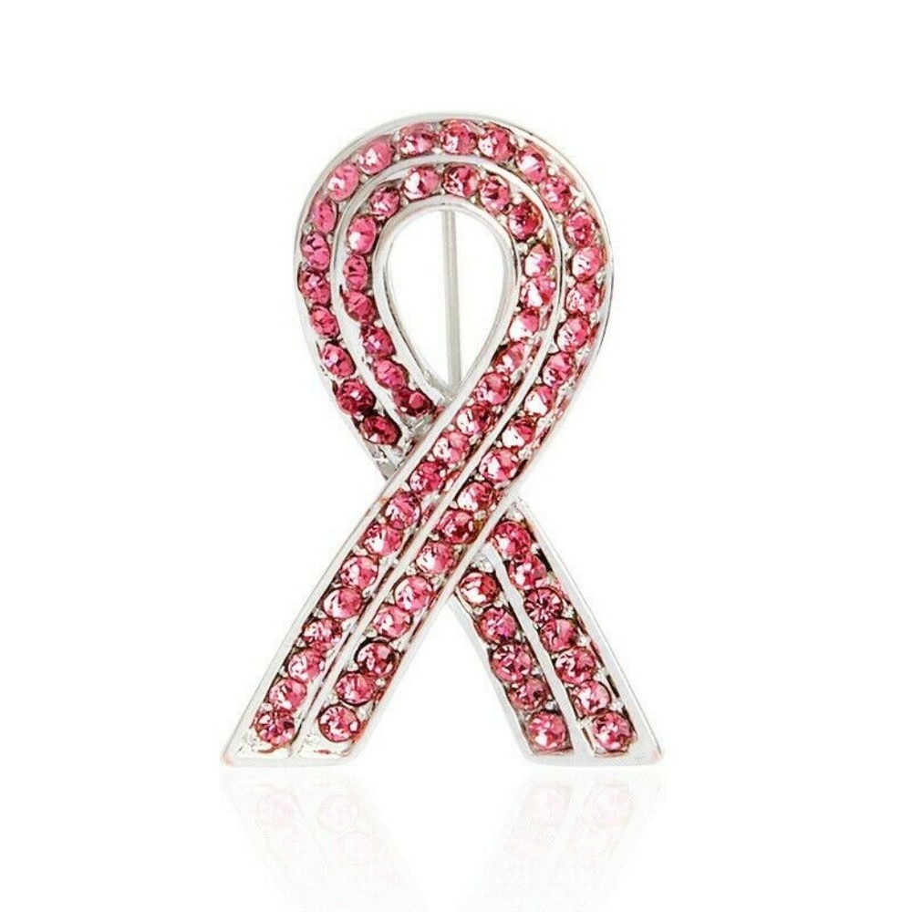 Pink Rhinestone Cancer Awareness Ribbon Brooch Pin - Picture 2 of 2